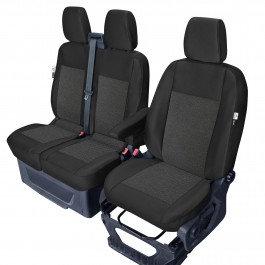 Sitzbezug-Set Front "1 + 2" für Ford Transit Custom V362 & Ford Tourneo Custom V362 - 100 % Passform, für 1 Einzelsitz und Doppelsitzbank mit geteilter Sitzfläche und ausklappbarer Ablage / Stoffmuster schwarz