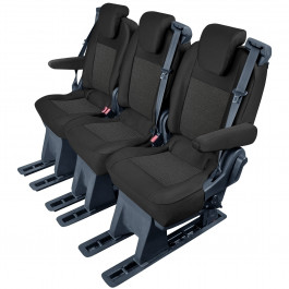 Sitzbezug-Set für zweite ODER dritte Sitzreihe für Ford Tourneo Custom V362 ab 06/2018 - 100 % Passform, für 3er-Sitzbank bestehend aus 3 Einzelbezügen (2 Bezüge mit Taschen, 1 Bezug mit Öffnung für Rücksitztisch) / Stoffmuster schwarz