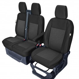 Sitzbezug-Set Front "1 + 2" für Ford Transit V363 - 100 % Passform, für 1 Einzelsitz und Doppelsitzbank mit geteilter Sitzfläche und ausklappbarer Ablage / Stoffmuster schwarz