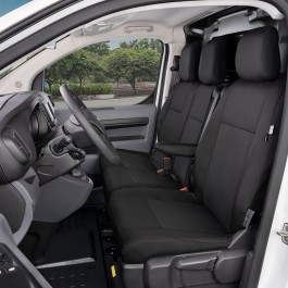 Sitzbezug-Set Front "1 + 2" für Peugeot Expert III / Traveller (ab 2016) - 100 % Passform, für Einzelsitz und Doppelsitzbank mit geteilter Sitzfläche und ausklappbarer Ablage / Stoffmuster schwarz