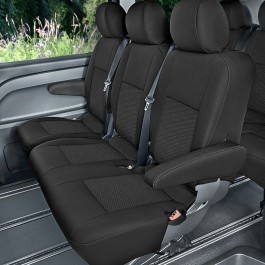 Sitzbezug-Set für zweite ODER dritte Sitzreihe für Mercedes Vito W447 - 100 % Passform, für 3er-Sitzbank bestehend aus Einzelsitz (1er) und Doppelsitz (2er) mit geteiltem Sitzrücken / Stoffmuster schwarz