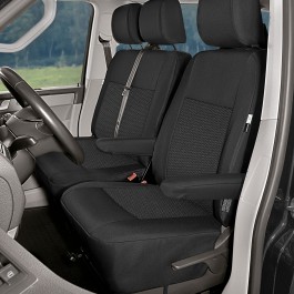Sitzbezug-Set Front "1 + 2" für VW T5 & VW T6 - 100 % Passform, für 1 Einzelsitz und einteilige Doppelsitzbank OHNE Ablage / Stoffmuster schwarz
