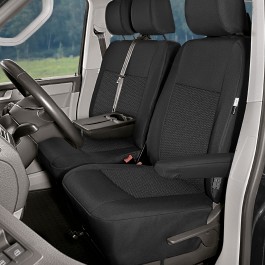 Sitzbezug-Set Front "1 + 2" für VW T6 - 100 % Passform, für 1 Einzelsitz und einteilige Doppelsitzbank MIT ausklappbarer Ablage / Stoffmuster schwarz