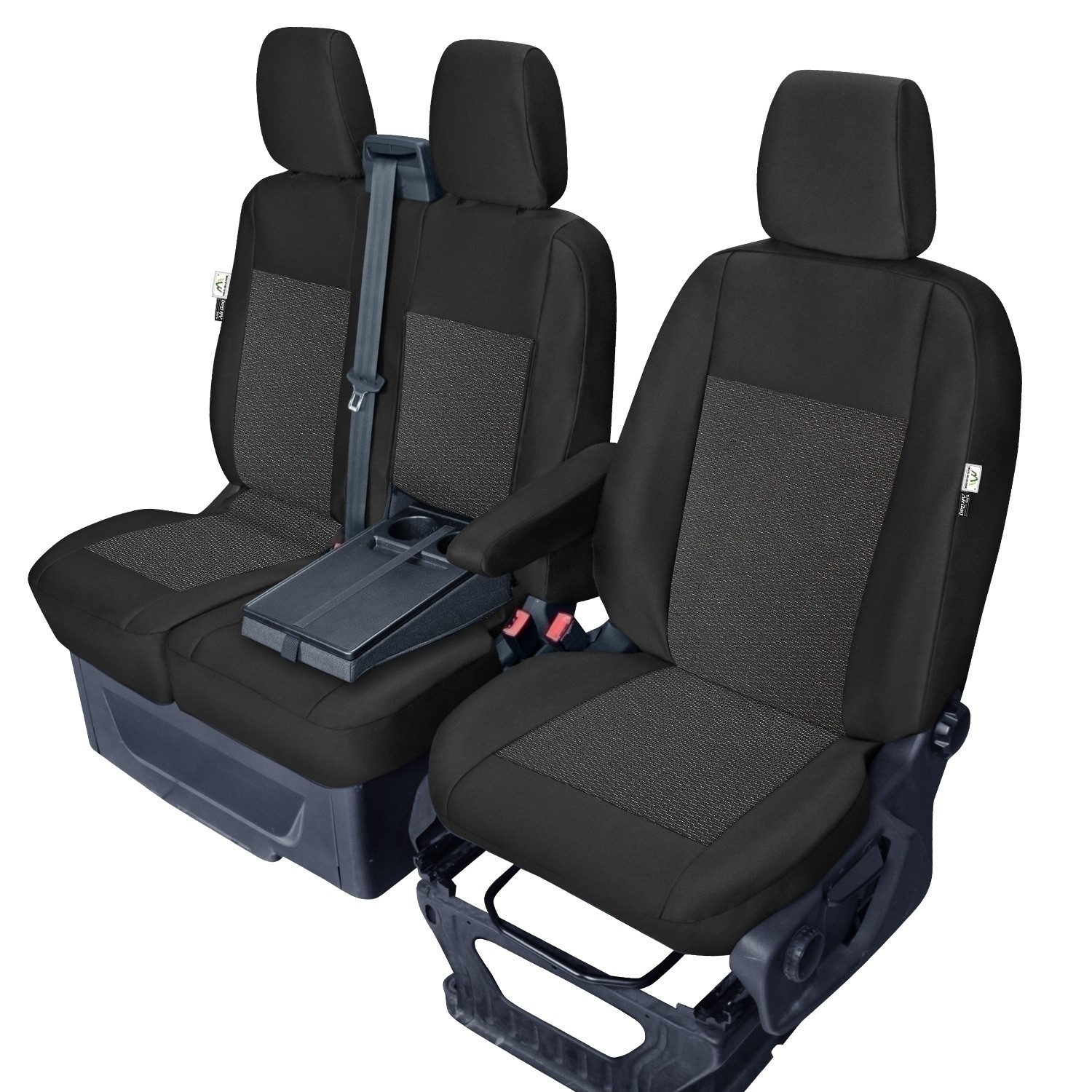 Sitzbezug-Set Front 1 + 2 für Ford Transit Custom V362 & Ford Tourneo  Custom V362 - 100 % Passform, für 1 Einzelsitz und Doppelsitzbank mit  geteilter Sitzfläche und ausklappbarer Ablage / Stoffmuster schwarz