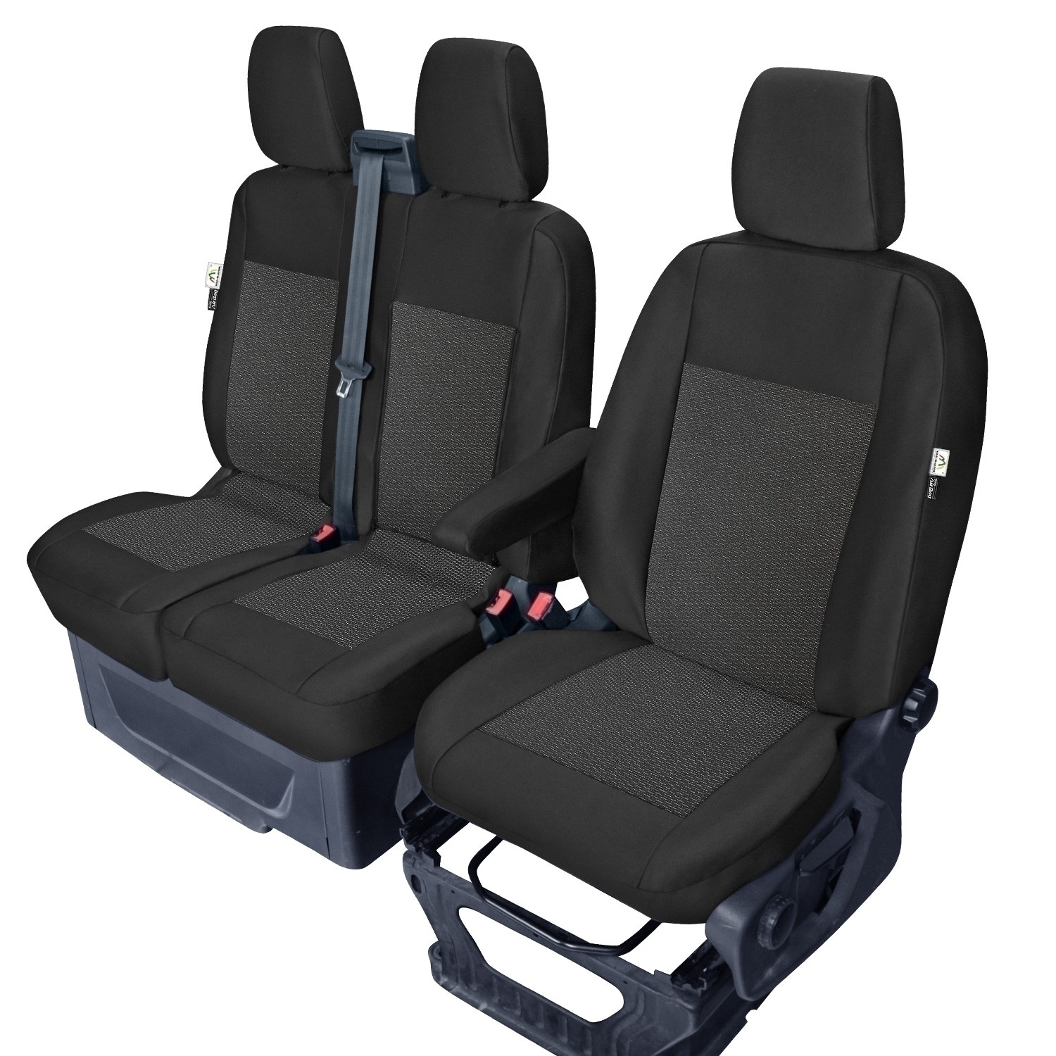 Sitzbezug-Set Front 1 + 2 für Ford Transit Custom V362 & Ford Tourneo  Custom V362 - 100 % Passform, für 1 Einzelsitz und Doppelsitzbank mit  geteilter Sitzfläche und ausklappbarer Ablage / Stoffmuster schwarz