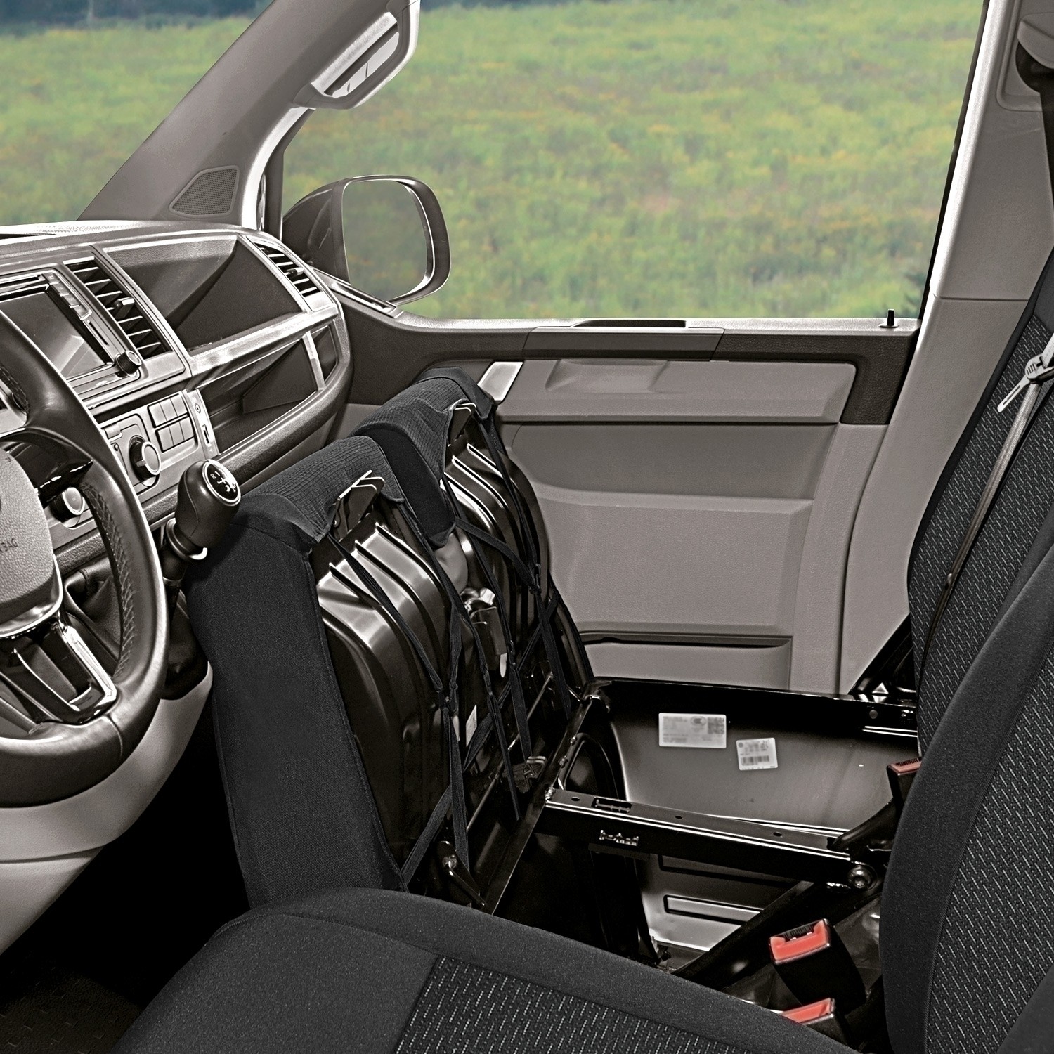 Sitzbezug-Set Front 1 + 2 für VW T5 & VW T6 - 100 % Passform, für 1  Einzelsitz und einteilige Doppelsitzbank OHNE Ablage / Stoffmuster schwarz
